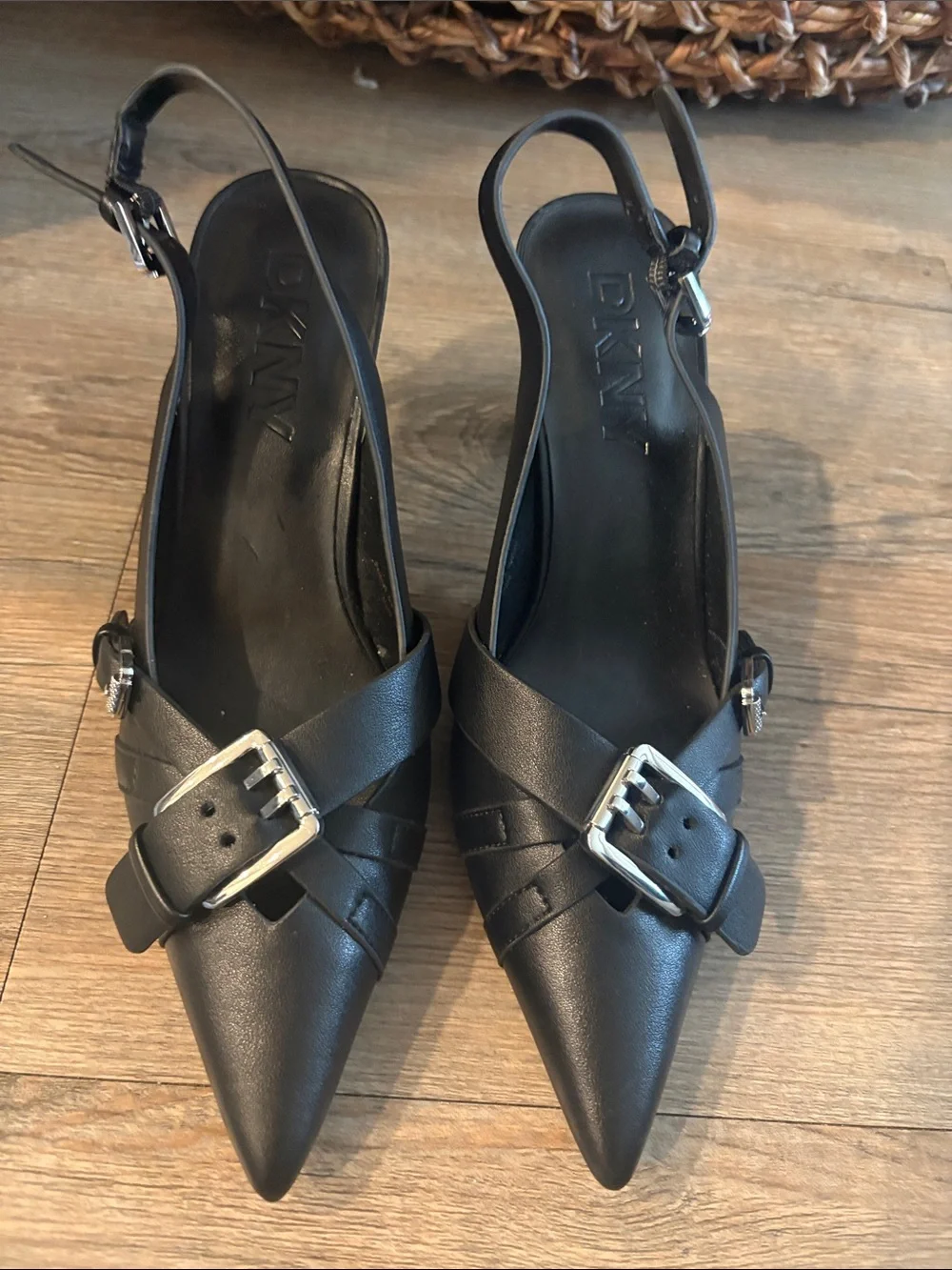 DKNY Black Pointed Slingback Heels with Silver Buckle NWOB